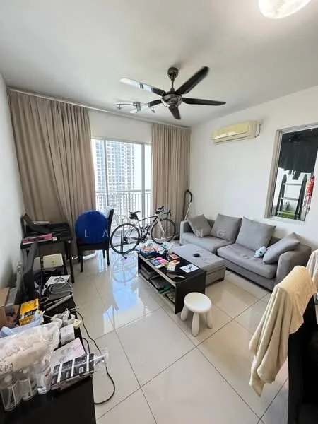 Living features: 3-seater fabric sofa in grey, coffee table, wall-mounted TV, ceiling fan, floor-to-ceiling windows, curtains, polished tile flooring, bicycle, desk with chair, decorative items on table, air conditioning unit; style: modern; view: city.