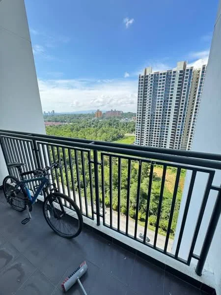 Balcony features: metal railing, tiled flooring, city skyline view, greenery view, bicycle, cleaning tool; style: modern; view: city.