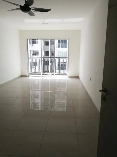 Living features: white painted walls, glossy ceramic tile flooring, 5-blade ceiling fan, floor-to-ceiling windows, sliding glass door, balcony access, natural light, neutral color scheme; style: modern; view: city.