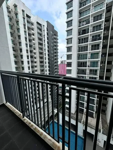 Room features: balcony with railing, black tiled flooring, view of adjacent buildings, view of swimming pool, concrete walls, glass sliding doors, partially cloudy sky; style: modern; view: pool.