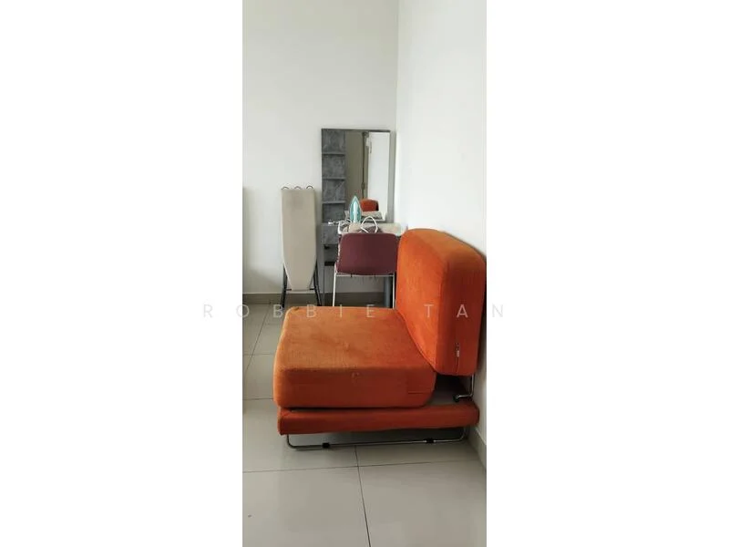 Room features: orange fabric chair, full-length mirror, grey storage unit, white walls, glossy tile flooring; style: modern.