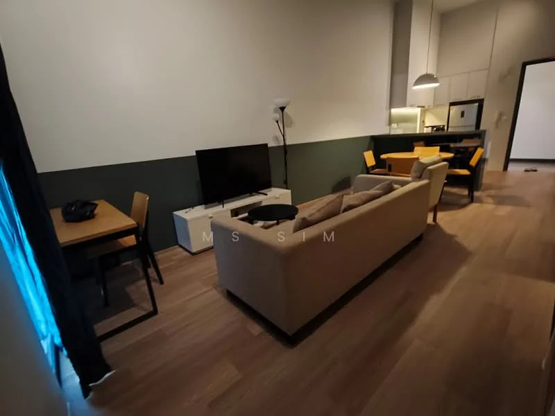 Living features: 3-seater fabric sofa in beige, coffee table, TV console, wall-mounted TV, dining table for 4 with yellow chairs, laminate flooring, floor-to-ceiling window with sheer curtains, recessed downlights, decorative wall with dark green paint, light grey painted walls; style: modern.