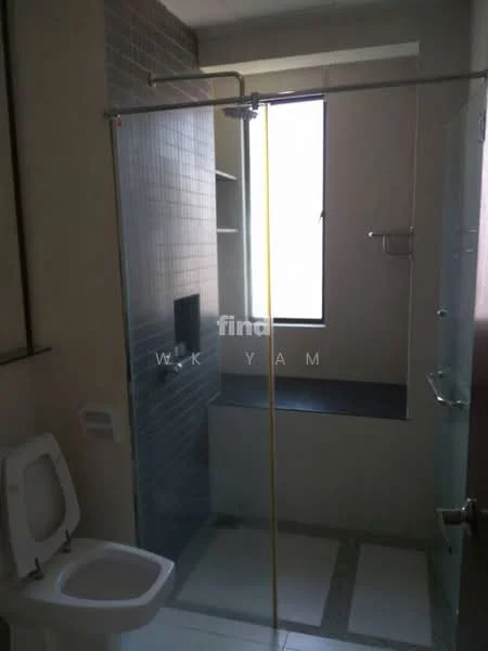 Bathroom features: glass shower enclosure, rain shower head, built-in shower niche, toilet, grey tiled walls, white tiled flooring, window for natural light, shelf for toiletries, black countertop, chrome shower fixtures; style: modern.