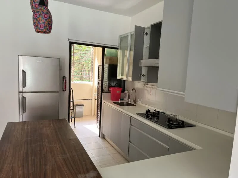 Kitchen features: stainless-steel fridge, grey cabinetry, white countertop, built-in gas hob, exhaust hood, double-basin sink, tile backsplash, pendant light, open layout, window with view to balcony, wooden kitchen island, floor tiles; style: modern; view: garden.