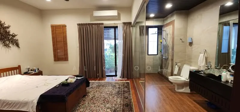 Bedroom features: king-size bed, upholstered headboard, bedside lamps, wooden flooring, area rug with floral pattern, floor-to-ceiling windows, sheer curtains, wall-mounted split AC, decorative wall art, built-in wardrobe; style: modern; view: garden. Bathroom features: single-sink vanity with wood cabinet, chrome basin mixer, framed mirror, one-piece toilet, walk-in shower with glass enclosure, tile cladding to walls, recessed downlights; style: modern.
