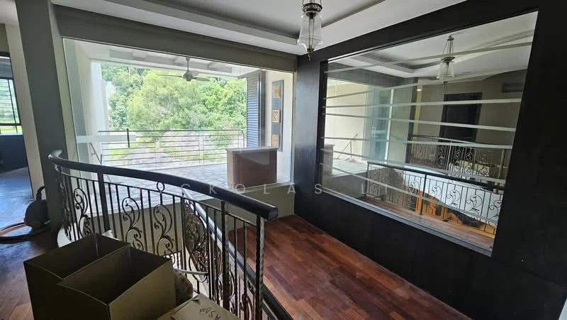 Room features: wooden flooring, white painted walls, large glass windows, metal railing, ceiling with recessed lighting, open layout, view of greenery, decorative wall paneling; style: modern; view: garden.