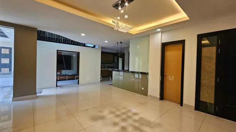 Living features: marble tile flooring, white painted walls, recessed downlights, chandelier, floor-to-ceiling windows, sliding glass door, open layout, decorative wall paneling, built-in cabinetry, neutral color palette; style: modern; view: garden. Kitchen features: granite countertop, stainless-steel sink, chrome pull-down faucet, built-in oven, freestanding range oven, microwave, kitchen island, pendant lighting; style: modern.