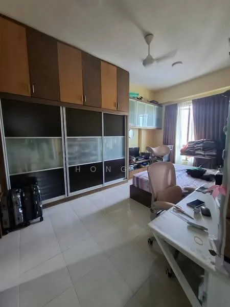 Bedroom features: built-in wardrobe with sliding doors, queen-size bed, study desk, office chair, ceiling fan, large window with curtains, tile flooring, decorative wall with wood panels, suitcases, piled bedding, wall-mounted shelves; style: modern.