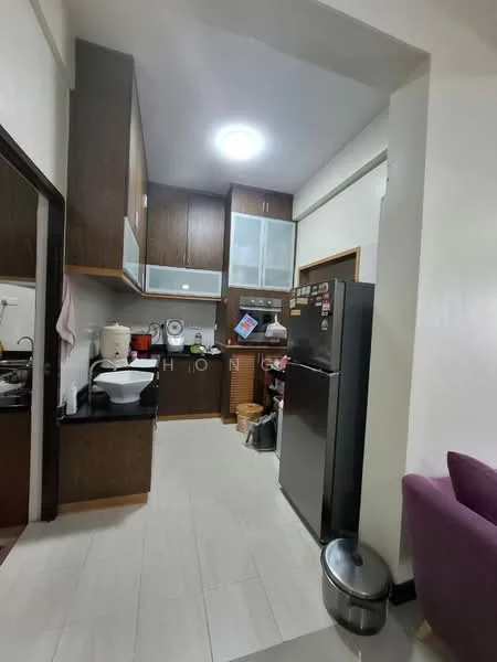 Kitchen features: dark wood cabinetry, black countertop, stainless-steel fridge, built-in oven, ceramic tile flooring, recessed ceiling light, white walls, sink, kitchen utensils visible, open shelving, microwave, rice cooker, trash bin; style: modern.