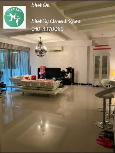 Living features: cream painted walls, white ceiling with exposed beams, polished marble flooring, chandelier, 5-blade ceiling fan, large sliding glass door, floor-to-ceiling windows with sheer curtains, white sectional sofa, black TV console, wall-mounted TV, decorative wall with textured finish, area rug, decorative plants, coffee table; style: modern.