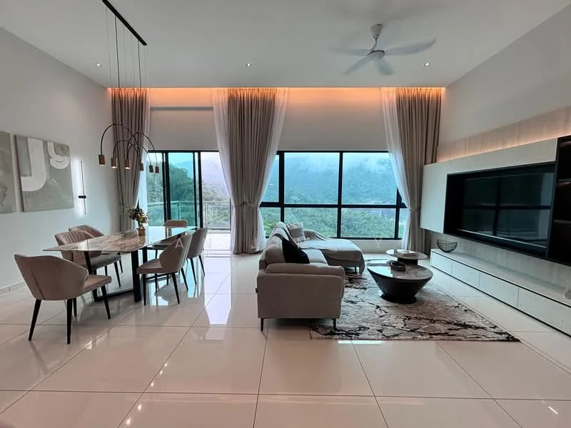 Living features: floor-to-ceiling windows, white painted walls, recessed downlights, 5-blade ceiling fan, grey fabric 3-seater sofa, 2 beige upholstered dining chairs, marble dining table, black coffee table, area rug with geometric pattern, TV console with built-in storage, decorative wall panel, curtains, mountain view; style: modern; view: mountain.
