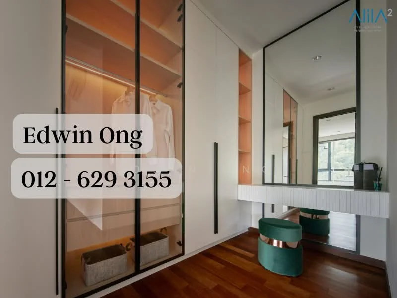Room features: built-in wardrobe with sliding glass doors, wooden flooring, mirror panel, dressing table with drawer, green upholstered stool, warm wood shelving, natural light from window, minimalist design; style: modern.