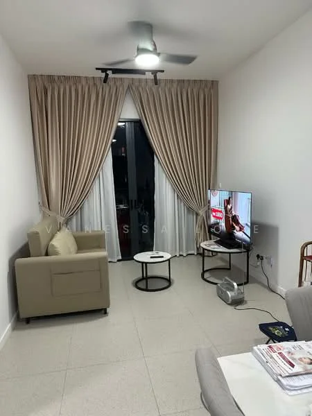 Living features: beige fabric sofa, 2 round side tables, wall-mounted TV, ceiling fan, sheer curtains, drapes, tile flooring, decorative wall, light-colored walls; style: modern.