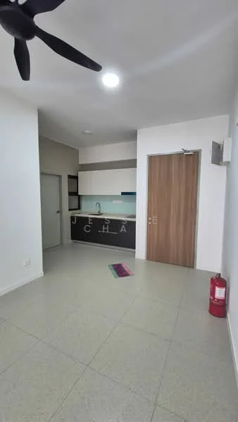 Room features: light grey tiled flooring, white painted walls, ceiling fan, kitchenette with countertop, single-bowl stainless-steel sink, wall-mounted cabinets, door with wood finish, fire extinguisher, open layout; style: modern.