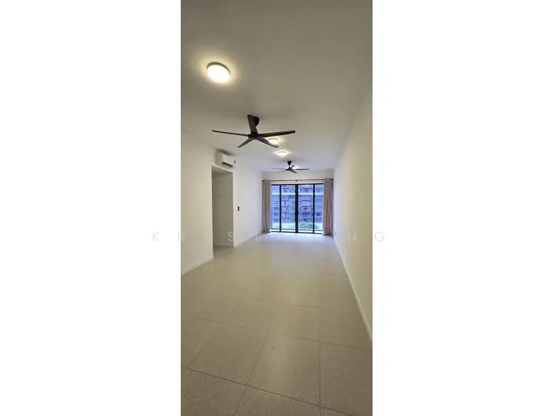 Living features: white painted walls, tile flooring, 2 ceiling fans, floor-to-ceiling windows, sliding glass door, curtains, recessed downlights, open layout; style: modern; view: city.