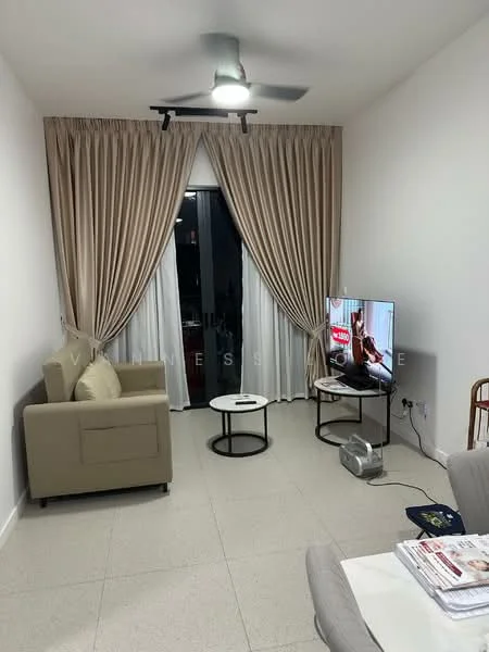 Living features: beige fabric sofa, 2 round side tables, wall-mounted TV, ceiling fan, sheer curtains, drapes in beige, tile flooring, decorative magazines on table; style: modern.