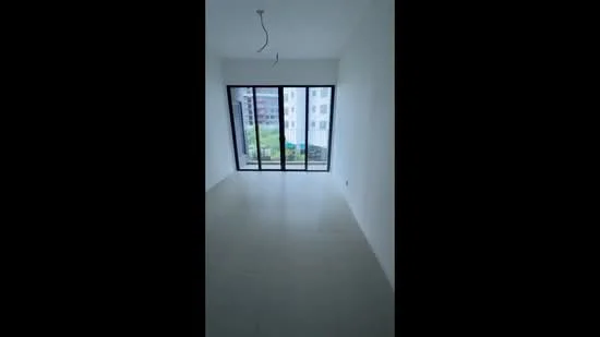 Room features: white painted walls, light-colored tile flooring, floor-to-ceiling windows, sliding glass door, unfurnished space, natural light from windows, view of outdoor area; style: modern; view: garden.