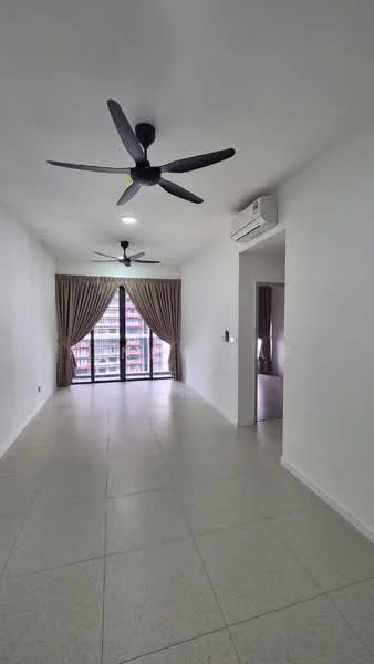Living features: white painted walls, polished tile flooring, 5-blade ceiling fan with light, 2 wall-mounted split AC units, floor-to-ceiling windows, sheer curtains, sliding glass door, natural light from windows; style: modern; view: city.