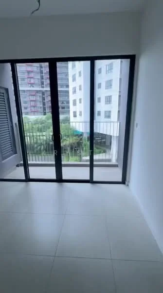 Room features: floor-to-ceiling windows, sliding glass door, white painted walls, light-colored tile flooring, balcony view, greenery view, balcony railing, natural light; style: modern; view: garden.