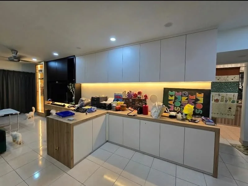 Kitchen features: L-shaped kitchen layout, white cabinetry, wooden countertop, stainless-steel appliances, built-in oven, microwave, kitchen island, recessed lighting, tile flooring, decorative items on countertop, open shelving, black accent cabinetry, wall-mounted TV, floor-to-ceiling curtains; style: modern.