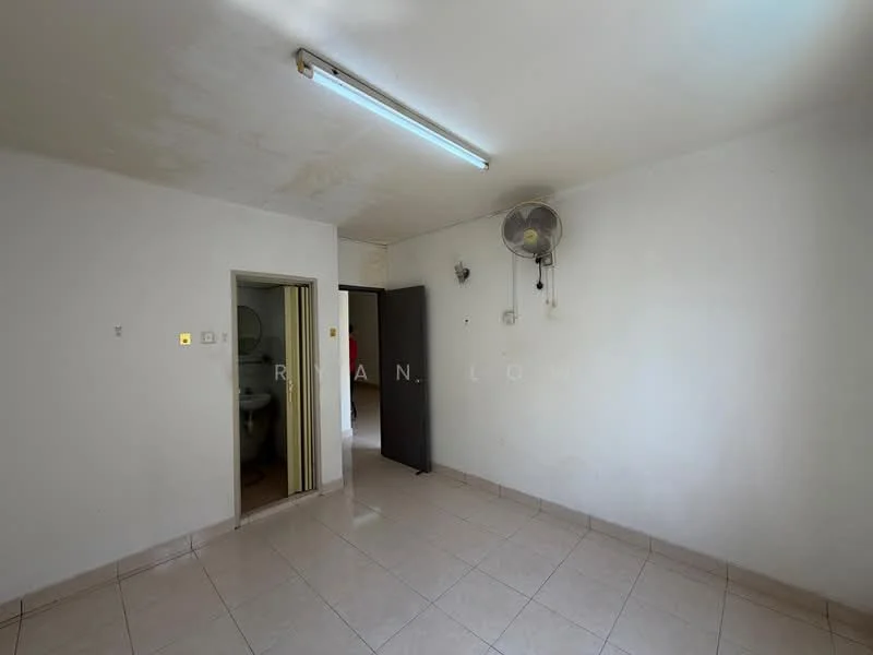 Room features: white painted walls, tile flooring, ceiling light fixture, wall-mounted ceiling fan, door leading to bathroom, door leading to hallway.