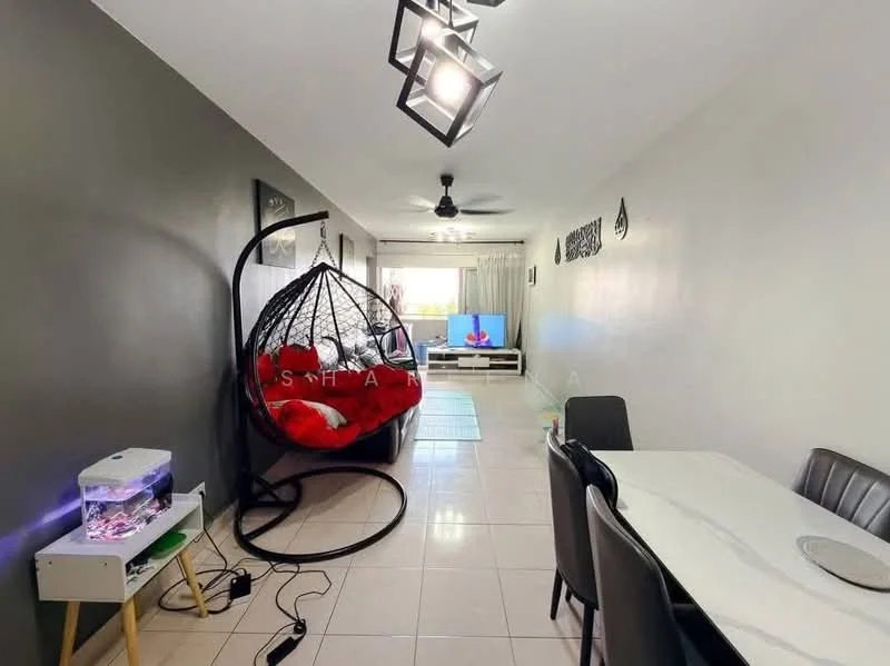 Living features: hanging rattan chair with cushions, 3-seater fabric sofa in red, TV console, wall-mounted TV, ceiling fan, recessed LED downlights, white walls, tile flooring, decorative wall art, glass coffee table, dining table with 6 chairs; style: modern.