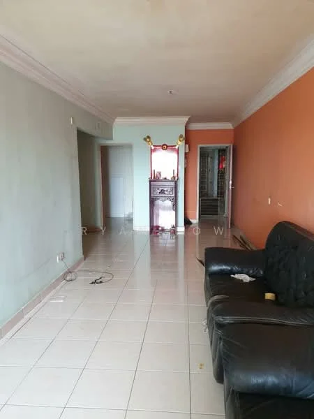 Living features: grey painted walls, orange accent wall, white ceiling with crown moulding, ceramic tile flooring, black leather sofa, wall-mounted light fixtures, visible electrical outlets, open layout, natural light from windows, decorative console table; style: modern.