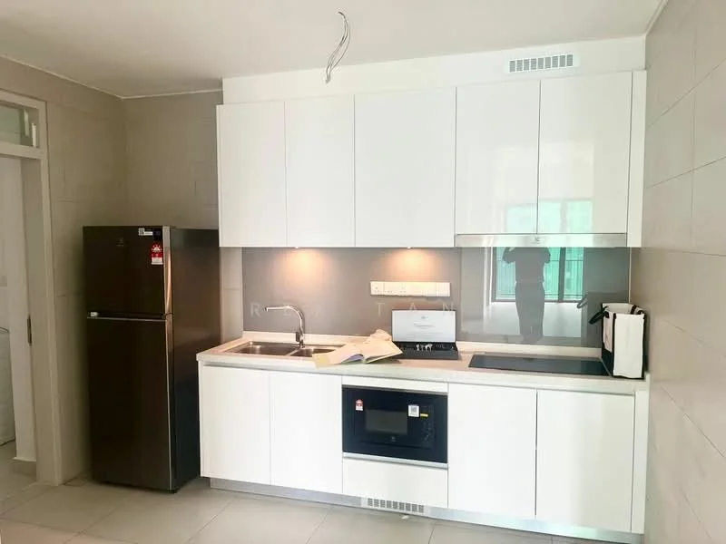 Kitchen features: white flat-panel cabinets, grey backsplash, stainless-steel single-bowl sink, chrome pull-down faucet, built-in microwave, freestanding fridge in dark finish, built-in oven, countertop with space for appliances, tile flooring, window for natural light, under-cabinet lighting; style: modern.