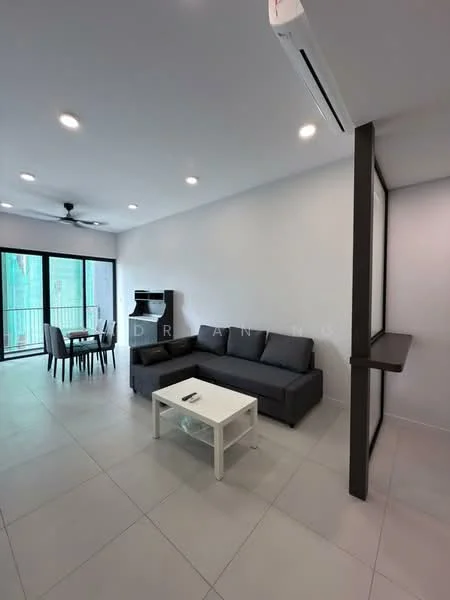 Living features: grey fabric L-shape sectional sofa, white coffee table, 4-seater dining table, floor-to-ceiling windows, sliding glass door, ceiling fan, recessed LED downlights, light-colored tiled flooring, white painted walls, air conditioning unit; style: modern; view: city.