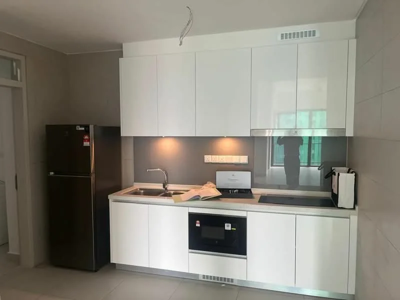 Kitchen features: white flat-panel cabinets, grey backsplash, stainless-steel single-bowl sink, chrome pull-down faucet, built-in microwave, freestanding fridge, built-in oven, countertop with integrated cooktop, tile flooring, recessed downlights; style: modern.