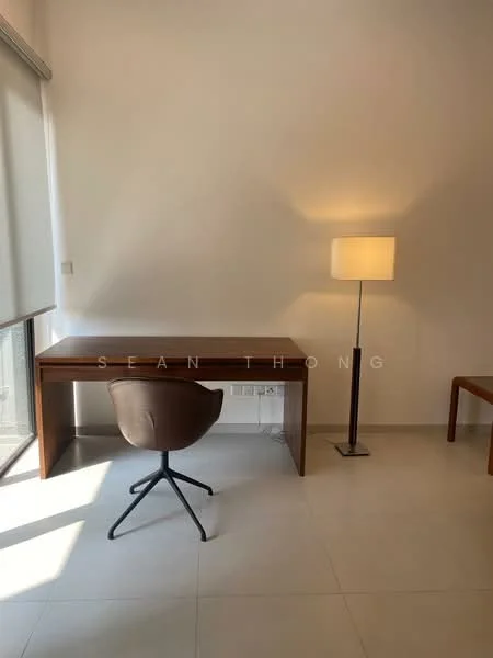 Study features: wooden desk, brown swivel chair, floor lamp with square shade, white painted walls, light-colored tile flooring, large window with blinds; style: modern.