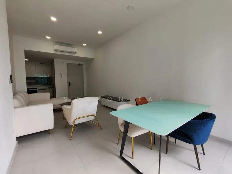 Dining features: dining table with light blue top, four dining chairs in different colors, white walls, recessed downlights, tile flooring, air conditioning unit on ceiling, open layout to kitchen, sofa in living area visible in background; style: modern.