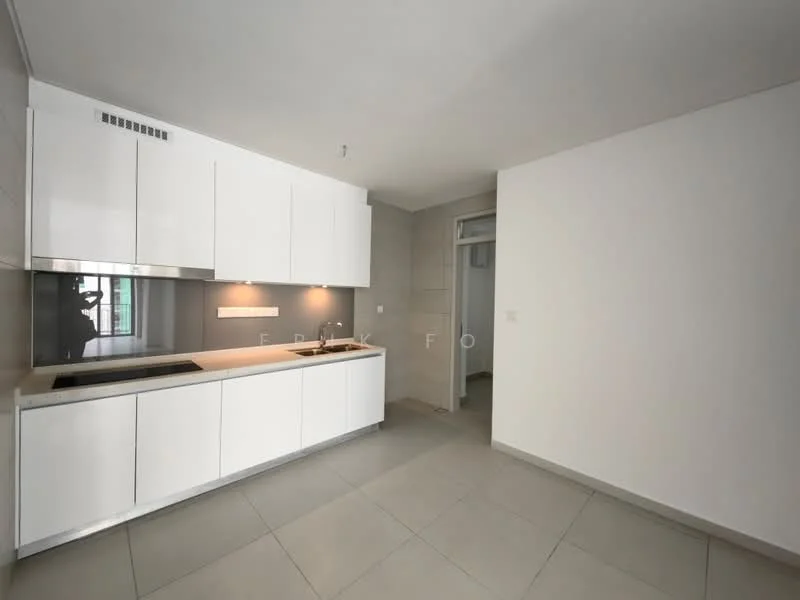 Kitchen features: white flat-panel cabinets, black countertop, stainless-steel sink, chrome pull-down faucet, built-in stove, wall-mounted oven, grey tiled backsplash, recessed LED downlights, large window for natural light, light grey floor tiles; style: modern.