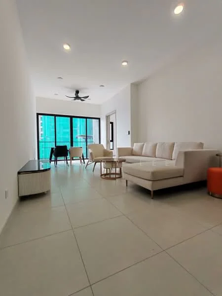 Living features: white painted walls, tile flooring, 5-blade ceiling fan with light, 3-seater fabric sofa in cream, coffee table, TV console, area rug, floor-to-ceiling windows, sliding glass door, curtains, accent chair, orange side table; style: modern; view: city.