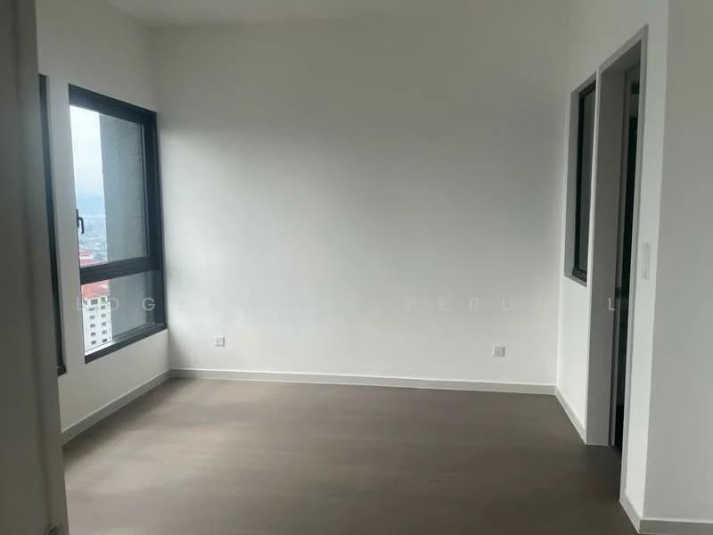 Room features: white painted walls, grey vinyl plank flooring, floor-to-ceiling windows, city view, no visible furniture, neutral color scheme, minimalist design, natural light; style: modern; view: city.