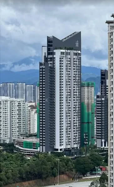 Exterior type: high-rise condominium; features: glass curtain wall, black and white facade, projecting balconies, vertical fins, surrounded by greenery, urban skyline in background; style: modern.
