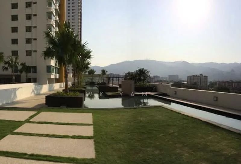 Exterior type: high-rise condominium; features: landscaped garden with grass, stone-paved walkway, infinity pool, palm trees, mountain view in background, concrete wall, balcony area; style: modern.
