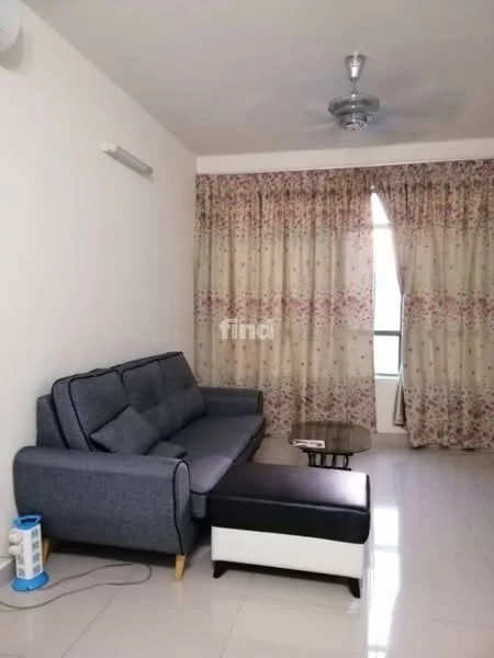 Living features: 3-seater fabric sofa in grey, coffee table, ceiling fan, floor-to-ceiling windows, sheer curtains with floral pattern, white painted walls, glossy tile flooring; style: modern.