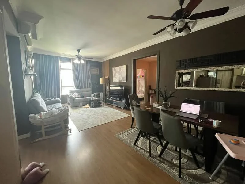 Living features: laminate flooring, dark brown painted walls, tray ceiling, 5-blade ceiling fan with light, floor-to-ceiling windows, grey fabric sofa, area rug with geometric pattern, wall-mounted TV, entertainment unit, decorative mirror, coffee table, dining table with chairs; style: contemporary. Dining features: dining table with chairs, decorative mirror; style: contemporary.