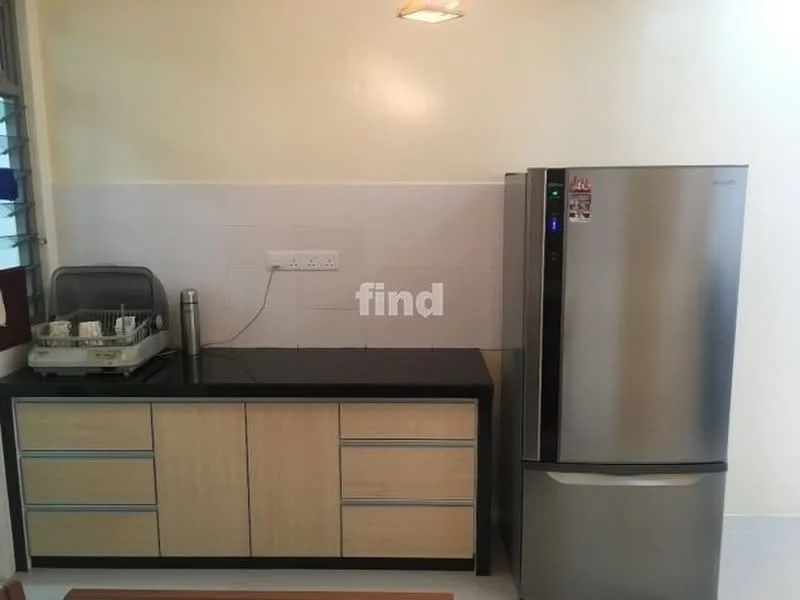 Kitchen features: stainless-steel fridge, black countertop, wood cabinetry with light finish, white tiled backsplash, sink with dish rack, kitchen utensils holder, wall-mounted electrical outlets, overhead lighting; style: modern.