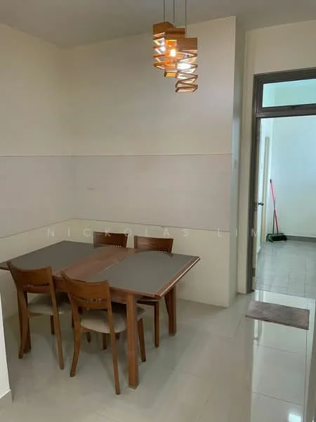 Dining features: 4-seater wooden dining table, light grey table top, brown wooden chairs, pendant light fixture with wooden design, white painted walls, glossy tile flooring, doorway leading to another room, cleaning broom visible in background; style: modern.
