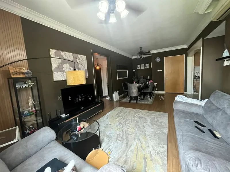 Living features: grey fabric 3-seater sofa, grey fabric 2-seater sofa, area rug with abstract pattern, wall-mounted TV, TV console, ceiling fan with light, wooden flooring, decorative wall art, glass display cabinet, recessed lighting, light-colored walls, dark accent wall, sliding door to hallway; style: contemporary.