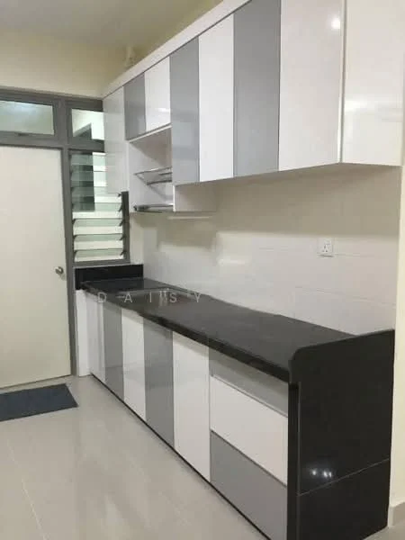 Kitchen features: white and grey cabinetry, black countertop, wall-mounted cabinets, open shelving, single-bowl stainless-steel sink, chrome pull-down faucet, tile backsplash, ceramic tile flooring, window with horizontal slats, recessed lighting; style: modern.