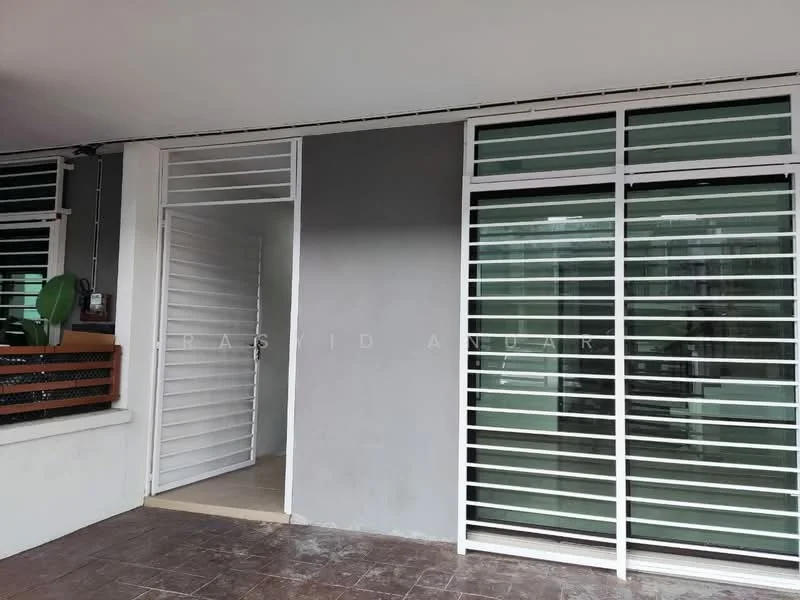 Exterior features: grey painted wall, white sliding glass door, horizontal metal grilles, concrete flooring, planter box with greenery, entrance door with horizontal slats; style: modern.