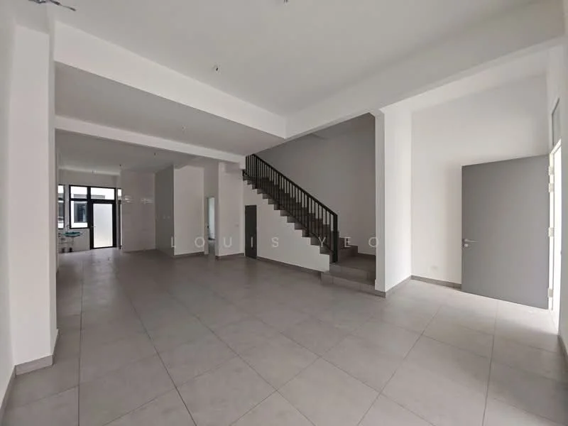 Room features: grey tiled flooring, white painted walls, high ceiling, staircase with black railing, large windows allowing natural light, open layout, door leading to outdoor area, recessed lighting; style: modern.