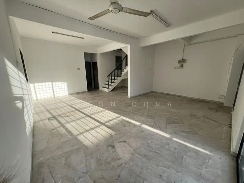 Living features: marble flooring, white painted walls, 5-blade ceiling fan, large windows allowing natural light, staircase visible in background, no visible furniture, neutral color scheme, open layout; style: modern.