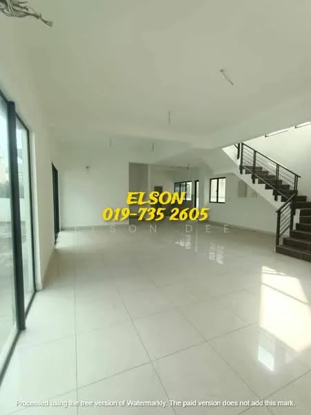 Room features: white painted walls, polished ceramic tile flooring, large floor-to-ceiling windows, staircase with metal railing, high ceiling, natural light from windows, open layout, no visible furniture; style: modern.