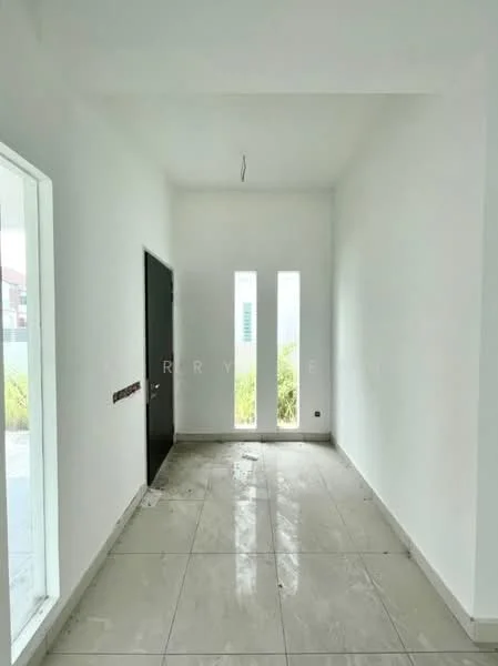 Room features: white painted walls, grey floor tiles, black door, three vertical windows, natural light from windows, minimalist design, no visible furniture, clean and uncluttered space; style: modern; view: garden.