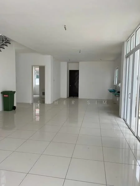 Room features: white painted walls, glossy white tile flooring, large windows, sliding glass door, open layout, high ceiling, recessed lighting, green waste bin; style: modern.