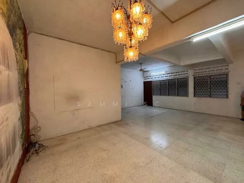 Room features: white painted walls, textured ceiling, chandelier with multiple bulbs, tile flooring, large windows with metal grilles, open layout, exposed electrical wiring, neutral color scheme; style: traditional.